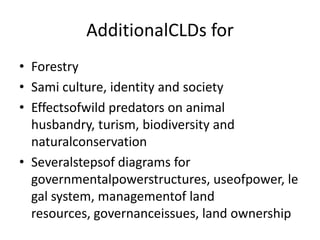 AdditionalCLDs for<br />Forestry<br />Sami culture, identity and society<br />Effectsofwild predators on animal husbandry,...