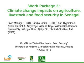 Siwa Msangi (IFPRI), Jarkko Niemi (LUKE), Kari Hyytiäinen
(Univ. Helsinki), Amy Faye, Assane Beye, Astou Diao Camara,
Rassoul Sy, Yakhya Thior, Djiby Dia, Cheickh Sadibou Fall
(ISRA)
Work Package 3:
Climate change impacts on agriculture,
livestock and food security in Senegal
FoodAfrica “Global Seminar on Food Security”
University of Helsinki, 33 Fabianinkatu, Helsinki, Finland
12 April 2016
 