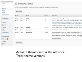 Activate themes across the network.
Track theme versions.
 