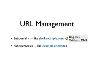 URL Management
                                                    Requires
	

 •	

 Subdomains -- like site1.example.com
                                                    Wildcard DNS
	

 •	

 Subdirectories -- like example.com/site1
 