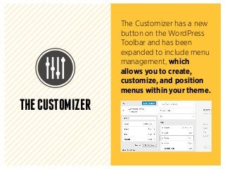 The Customizer has a new
button on the WordPress
Toolbar and has been
expanded to include menu
management, which
allows you to create,
customize, and position
menus within your theme.
THECUSTOMIZER
 