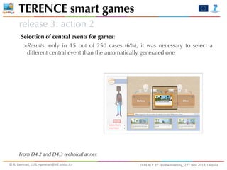 TERENCE smart games
release 3: action 2
Selection of central events for games:

>Results:

only in 15 out of 250 cases (6%), it was necessary to select a
different central event than the automatically generated one

From D4.2 and D4.3 technical annex
©	
  R.	
  Gennari,	
  LUB,	
  <gennari@inf.unibz.it>	
  

TERENCE	
  3rd	
  review	
  meeting,	
  27th	
  Nov	
  2013,	
  l’Aquila

 