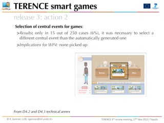 TERENCE smart games
release 3: action 2
Selection of central events for games:

>Results:

only in 15 out of 250 cases (6%), it was necessary to select a
different central event than the automatically generated one

>Implications for WP4: none picked up

From D4.2 and D4.3 technical annex
©	
  R.	
  Gennari,	
  LUB,	
  <gennari@inf.unibz.it>	
  

TERENCE	
  3rd	
  review	
  meeting,	
  27th	
  Nov	
  2013,	
  l’Aquila

 