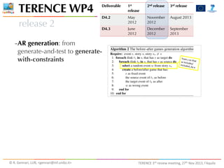TERENCE WP4
release 2

Deliverable

1st
release

2nd release

3rd release

D4.2

May
2012

November
2012

August 2013

D4.3

June
2012

December
2012

September
2013

-AR generation: from

generate-and-test to generatewith-constraints

©	
  R.	
  Gennari,	
  LUB,	
  <gennari@inf.unibz.it>	
  

TERENCE	
  3rd	
  review	
  meeting,	
  27th	
  Nov	
  2013,	
  l’Aquila

 