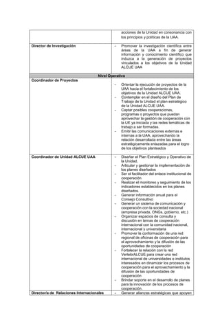 acciones de la Unidad en consonancia con
                                                 los principios y políticas de la UAA.

Director de Investigación                    -   Promover la investigación científica entre
                                                 áreas de la UAA a fin de generar
                                                 información y conocimiento científico que
                                                 induzca a la generación de proyectos
                                                 vinculados a los objetivos de la Unidad
                                                 ALCUE UAA

                                    Nivel Operativo
Coordinador de Proyectos
                                             -   Orientar la ejecución de proyectos de la
                                                 UAA hacia el fortalecimiento de los
                                                 objetivos de la Unidad ALCUE UAA.
                                             -   Contemplar en el diseño del Plan de
                                                 Trabajo de la Unidad el plan estratégico
                                                 de la Unidad ALCUE UAA.
                                             -   Captar posibles cooperaciones,
                                                 programas o proyectos que puedan
                                                 aprovechar la gestión de cooperación con
                                                 la UE ya iniciada y las redes temáticas de
                                                 trabajo a ser formadas.
                                             -   Emitir las comunicaciones externas e
                                                 internas a la UAA, aprovechando la
                                                 relación desarrollada entre las áreas
                                                 estratégicamente enlazadas para el logro
                                                 de los objetivos planteados

Coordinador de Unidad ALCUE UAA              -   Diseñar el Plan Estratégico y Operativo de
                                                 la Unidad.
                                             -   Articular y gestionar la implementación de
                                                 los planes diseñados
                                             -   Ser el facilitador del enlace institucional de
                                                 cooperación
                                             -   Realizar el monitoreo y seguimiento de los
                                                 indicadores establecidos en los planes
                                                 diseñados.
                                             -   Generar información anual para el
                                                 Consejo Consultivo
                                             -   Generar un sistema de comunicación y
                                                 cooperación con la sociedad nacional
                                                 (empresa privada, ONGs, gobierno, etc.)
                                             -   Organizar espacios de consulta y
                                                 discusión en temas de cooperación
                                                 internacional con la comunidad nacional,
                                                 internacional y universitaria
                                             -   Promover la conformación de una red
                                                 regional de oficinas de cooperación para
                                                 el aprovechamiento y la difusión de las
                                                 oportunidades de cooperación
                                             -   Fortalecer la relación con la red
                                                 VertebrALCUE para crear una red
                                                 internacional de universidades e institutos
                                                 interesados en dinamizar los procesos de
                                                 cooperación para el aprovechamiento y la
                                                 difusión de las oportunidades de
                                                 cooperación
                                             -   Brindar soporte en el desarrollo de planes
                                                 para la innovación de los procesos de
                                                 cooperación.
Director/a de Relaciones Internacionales     -   Generar alianzas estratégicas que apoyen
 