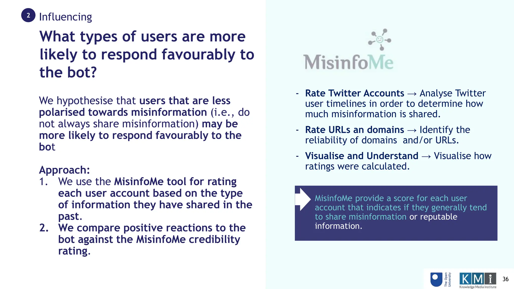 What types of users are more
likely to respond favourably to
the bot?
- Rate Twitter Accounts → Analyse Twitter
user timelines in order to determine how
much misinformation is shared.
- Rate URLs an domains → Identify the
reliability of domains and/or URLs.
- Visualise and Understand → Visualise how
ratings were calculated.
MisinfoMe provide a score for each user
account that indicates if they generally tend
to share misinformation or reputable
information.
We hypothesise that users that are less
polarised towards misinformation (i.e., do
not always share misinformation) may be
more likely to respond favourably to the
bot
Approach:
1. We use the MisinfoMe tool for rating
each user account based on the type
of information they have shared in the
past.
2. We compare positive reactions to the
bot against the MisinfoMe credibility
rating.
Influencing
2
36
 