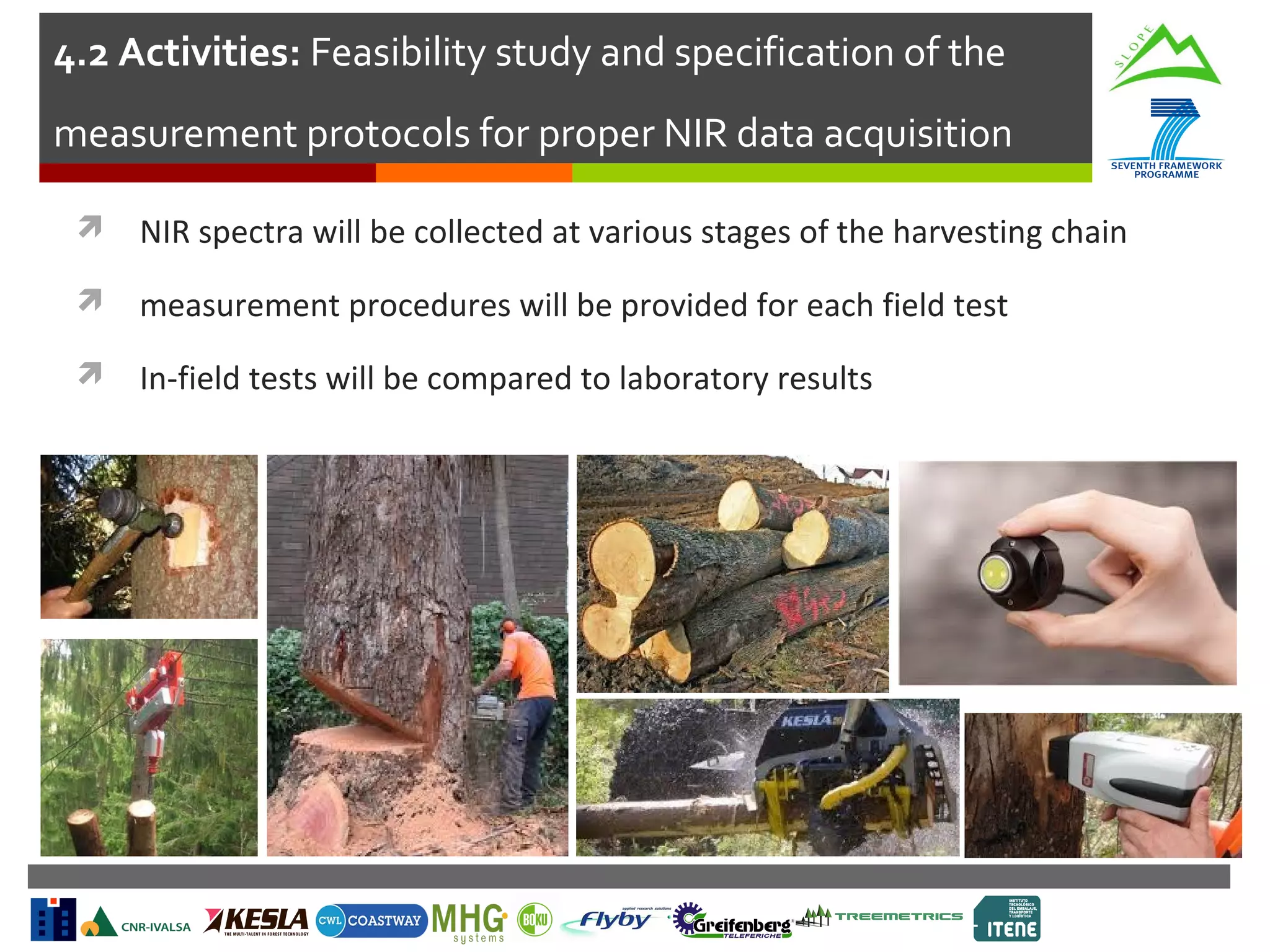 4.2 Activities: Feasibility study and specification of the
measurement protocols for proper NIR data acquisition


NIR spectra will be collected at various stages of the harvesting chain



measurement procedures will be provided for each field test



In-field tests will be compared to laboratory results

 