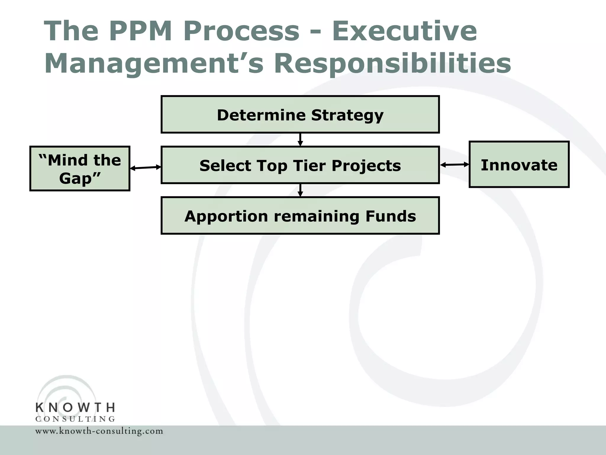 The PPM Process - Executive Management’s Responsibilities Determine Strategy Select Top Tier Projects Innovate “ Mind the Gap” Apportion remaining Funds 