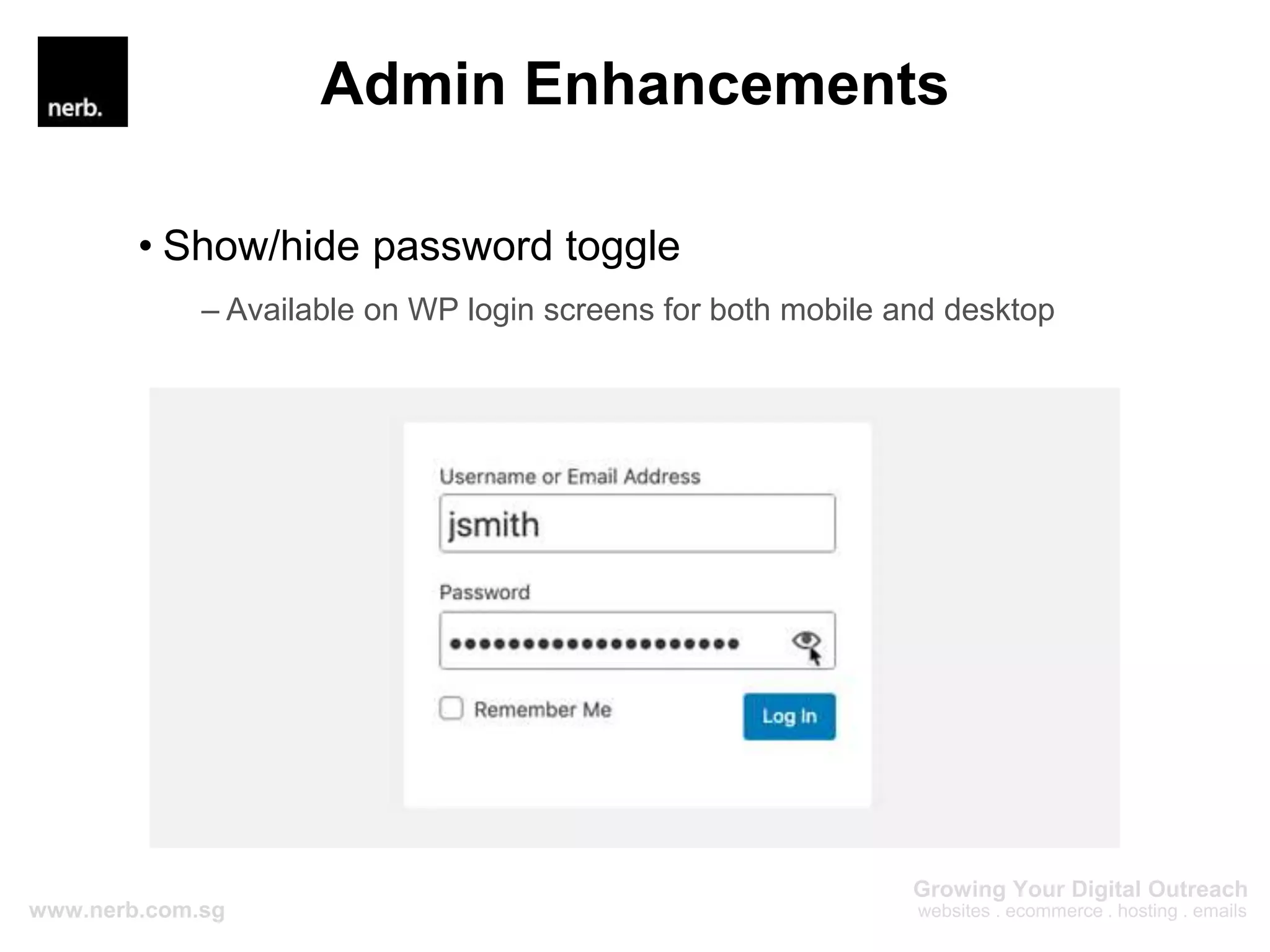 Admin Enhancements
• Show/hide password toggle
– Available on WP login screens for both mobile and desktop
 