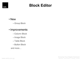 Block Editor
• New
– Group Block
• Improvements
– Column Block
– Image Block
– Table Block
– Button Block
and more…
 
