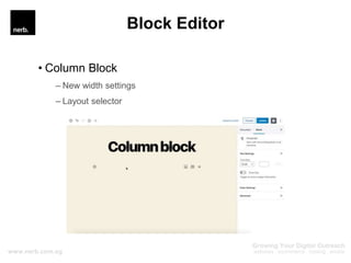 Block Editor
• Column Block
– New width settings
– Layout selector
 
