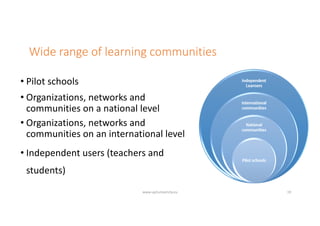 Wide range of learning communities
• Pilot schools
• Organizations, networks and
communities on a national level
• Organizations, networks and
communities on an international level
• Independent users (teachers and
students)
www.up2university.eu 19
 