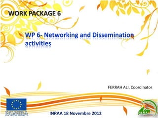 WORK PACKAGE 6
INRAA 18 Novembre 2012
FERRAH ALI, Coordinator
WP 6- Networking and Dissemination
activities
 