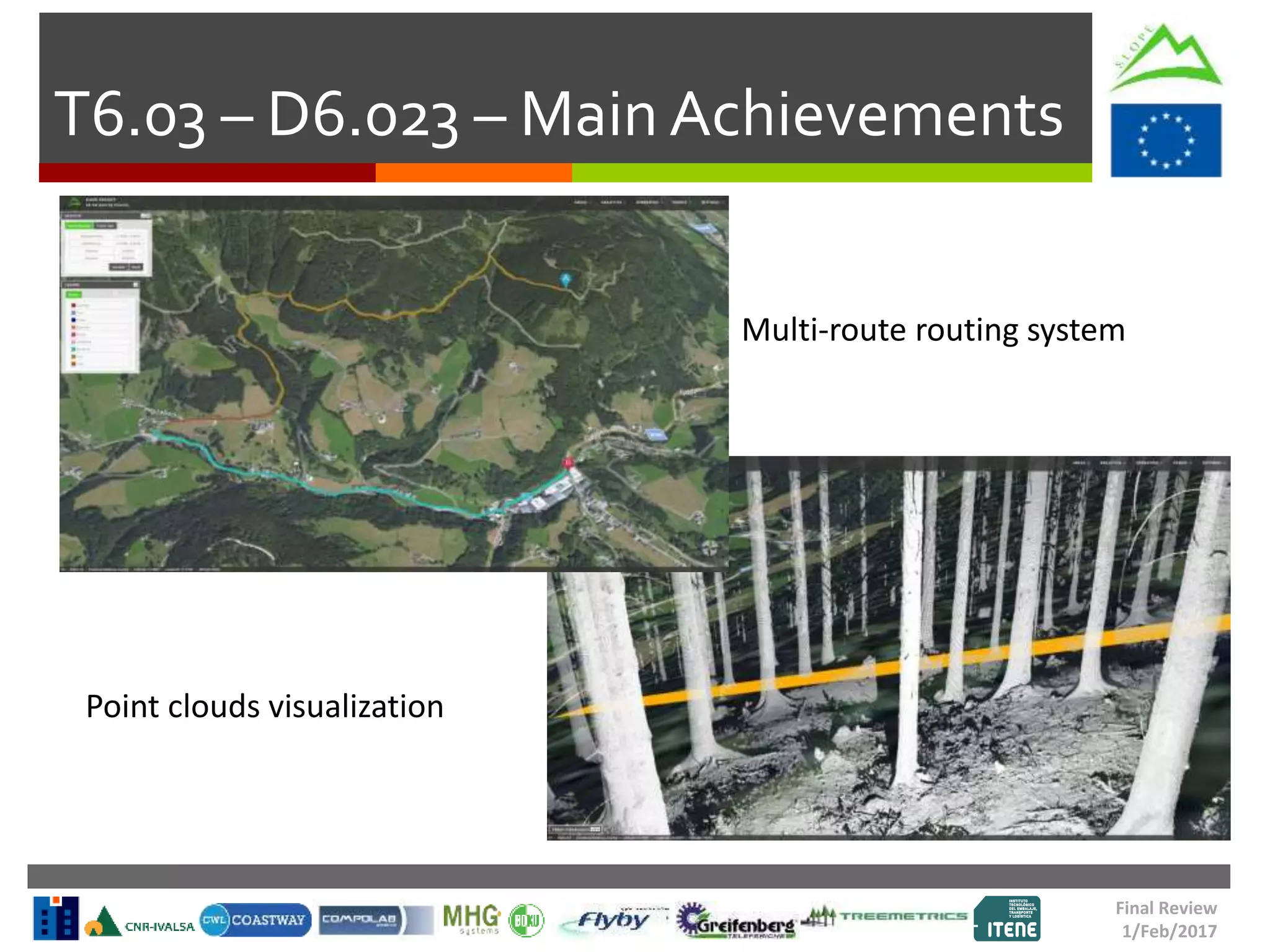 T6.03 – D6.023 – Main Achievements
Final Review
1/Feb/2017
Point clouds visualization
Multi-route routing system
 