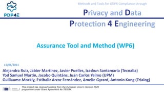 Methods and Tools for GDPR Compliance through
Privacy and Data
Protection 4 Engineering
Alejandra Ruiz, Jabier Martinez, Javier Puelles, Izaskun Santamaria (Tecnalia)
Yod Samuel Martin, Jacobo Quintáns, Juan Carlos Yelmo (UPM)
Guillaume Mockly, Estibaliz Arzoz Fernández, Amelie Gyrard, Antonio Kung (Trialog)
Assurance Tool and Method (WP6)
This project has received funding from the European Union's Horizon 2020
programme under Grant Agreement No 787034.
11/06/2021
 