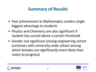 Summary of Results

• Past achievement in Mathematics confers single
  biggest advantage to students
• Physics and Chemistry are also significant if
  student has scored above a certain threshold
• Gender not significant among engineering cohort
  (contrasts with university-wide cohort among
  which females are significantly more likely than
  males to progress)


                        50
 