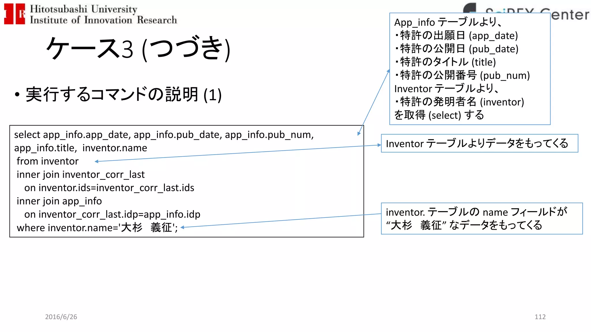 ケース3 (つづき)
• 実行するコマンドの説明 (1)
2016/6/26 112
select app_info.app_date, app_info.pub_date, app_info.pub_num,
app_info.title, inventor.name
from inventor
inner join inventor_corr_last
on inventor.ids=inventor_corr_last.ids
inner join app_info
on inventor_corr_last.idp=app_info.idp
where inventor.name='大杉 義征';
App_info テーブルより、
・特許の出願日 (app_date)
・特許の公開日 (pub_date)
・特許のタイトル (title)
・特許の公開番号 (pub_num)
Inventor テーブルより、
・特許の発明者名 (inventor)
を取得 (select) する
Inventor テーブルよりデータをもってくる
inventor. テーブルの name フィールドが
“大杉 義征” なデータをもってくる
 