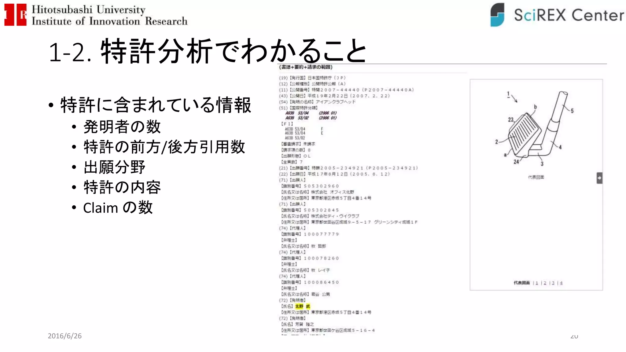 1-2. 特許分析でわかること
• 特許に含まれている情報
• 発明者の数
• 特許の前方/後方引用数
• 出願分野
• 特許の内容
• Claim の数
2016/6/26 20
 