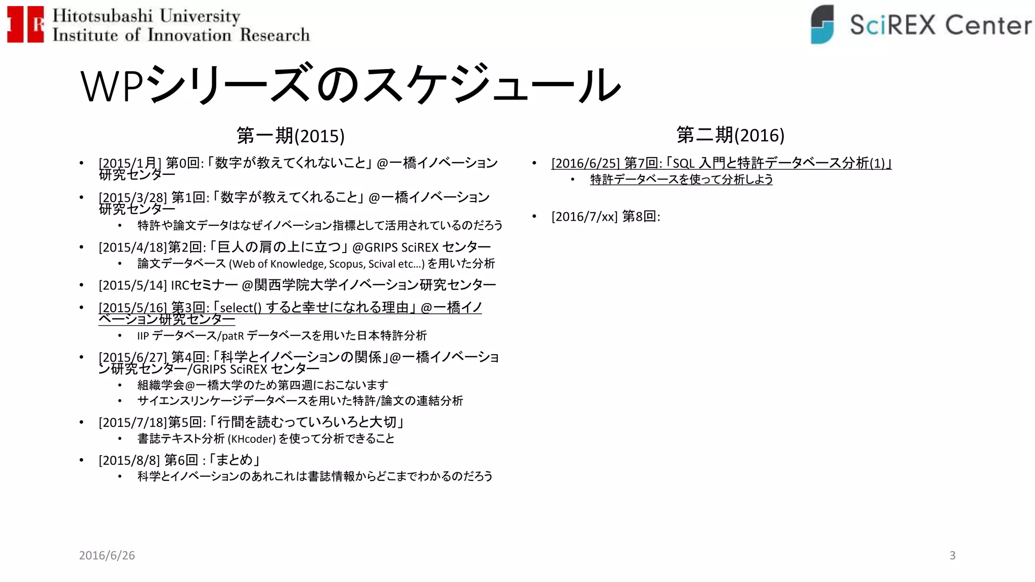 WPシリーズのスケジュール
• [2015/1月] 第0回: 「数字が教えてくれないこと」 @一橋イノベーション
研究センター
• [2015/3/28] 第1回: 「数字が教えてくれること」 @一橋イノベーション
研究センター
• 特許や論文データはなぜイノベーション指標として活用されているのだろう
• [2015/4/18]第2回: 「巨人の肩の上に立つ」 @GRIPS SciREX センター
• 論文データベース (Web of Knowledge, Scopus, Scival etc…) を用いた分析
• [2015/5/14] IRCセミナー @関西学院大学イノベーション研究センター
• [2015/5/16] 第3回: 「select() すると幸せになれる理由」 @一橋イノ
ベーション研究センター
• IIP データベース/patR データベースを用いた日本特許分析
• [2015/6/27] 第4回: 「科学とイノベーションの関係」@一橋イノベーショ
ン研究センター/GRIPS SciREX センター
• 組織学会@一橋大学のため第四週におこないます
• サイエンスリンケージデータベースを用いた特許/論文の連結分析
• [2015/7/18]第5回: 「行間を読むっていろいろと大切」
• 書誌テキスト分析 (KHcoder) を使って分析できること
• [2015/8/8] 第6回 : 「まとめ」
• 科学とイノベーションのあれこれは書誌情報からどこまでわかるのだろう
• [2016/6/25] 第7回: 「SQL 入門と特許データベース分析(1)」
• 特許データベースを使って分析しよう
• [2016/7/xx] 第8回:
2016/6/26 3
第一期(2015) 第二期(2016)
 
