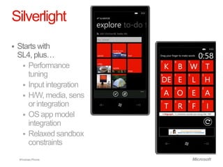 Silverlight
   Starts with
    SL4, plus…
      Performance
       tuning
      Input integration
      H/W, media, sens
       or integration
      OS app model
       integration
      Relaxed sandbox
       constraints
    Windows Phone.
 