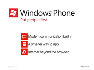 Modern communication built in

                     A smarter way to app

                     Internet beyond the browser


3   Windows Phone.
 