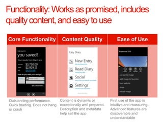Functionality: W




Outstanding performance.     Content is dynamic or          First use of the app is
Quick loading. Does not hang exceptionally well prepared.   intuitive and reassuring.
or crash                     Description and metadata       Advanced features are
                             help sell the app              discoverable and
   Windows Phone.
                                                            understandable
 