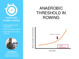  Training planning and
analysis tips
 Rowing technique videos
 Applicable bits of rowing
research
Jarek Mäestu
Sports Scientist (PhD),
Ex rower and rowing coach,
Rowing Academy Scientist
SPORTLYZER
ROWING ACADEMY
ANAEROBIC
THRESHOLD IN
ROWING
 