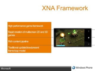 XNA FrameworkHigh performance game frameworkRapid creation of multiscreen 2D and 3D gamesRich content pipelineTraditional update/draw/present frame loop model