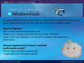 In preparation for today ’s Boot Camp, please take a moment to ensure you have registered for the 30-day free Windows Azure platform pass: Need to Register? Go to www.windowsazurepass.com Select your Country and Enter Promo Code:  “DPCE01” Login with your Windows Live ID and complete the registration information Already Registered but haven ’t received  confirmation email? Go to https://windows.azure.com Login with your Windows Live ID 