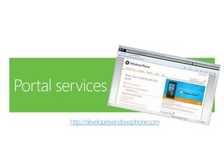 Platform componentsRuntimeToolsClientPhone EmulatorSensorsMediaDataLocationSamplesDocumentationXbox LIVENotificationsPhoneGuidesCommunity.NET Framework managed code sandboxPackaging and Verification ToolsCloudPortalNotificationsApp DeploymentRegistrationMarketplaceValidationMO and CC BillingLocationIdentityFeedsServerCertificationBusiness IntelligenceMapsSocialPublishingUpdate Management15