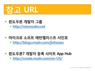 참고 URL윈도우폰 개발자 그룹http://winmodev.net마이크로 소프트 에반젤리스트 서진호http://blogs.msdn.com/jinhoseo윈도우폰7 개발자 등록 사이트 App Hubhttp://create.msdn.com/en-US/
