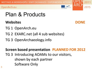 Plan & Products
Websites DONE
TG 1 OpenArch.eu
TG 2 EXARC.net (all 4 sub websites)
TG 3 OpenArchaeology.info
Screen based presentation PLANNED FOR 2012
TG 3 Introducing AOAMs to our visitors,
shown by each partner
Software Only
3
 