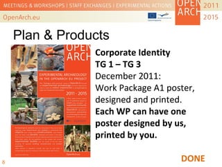 Plan & Products
Corporate Identity
TG 1 – TG 3
December 2011:
Work Package A1 poster,
designed and printed.
Each WP can have one
poster designed by us,
printed by you.
DONE8
 