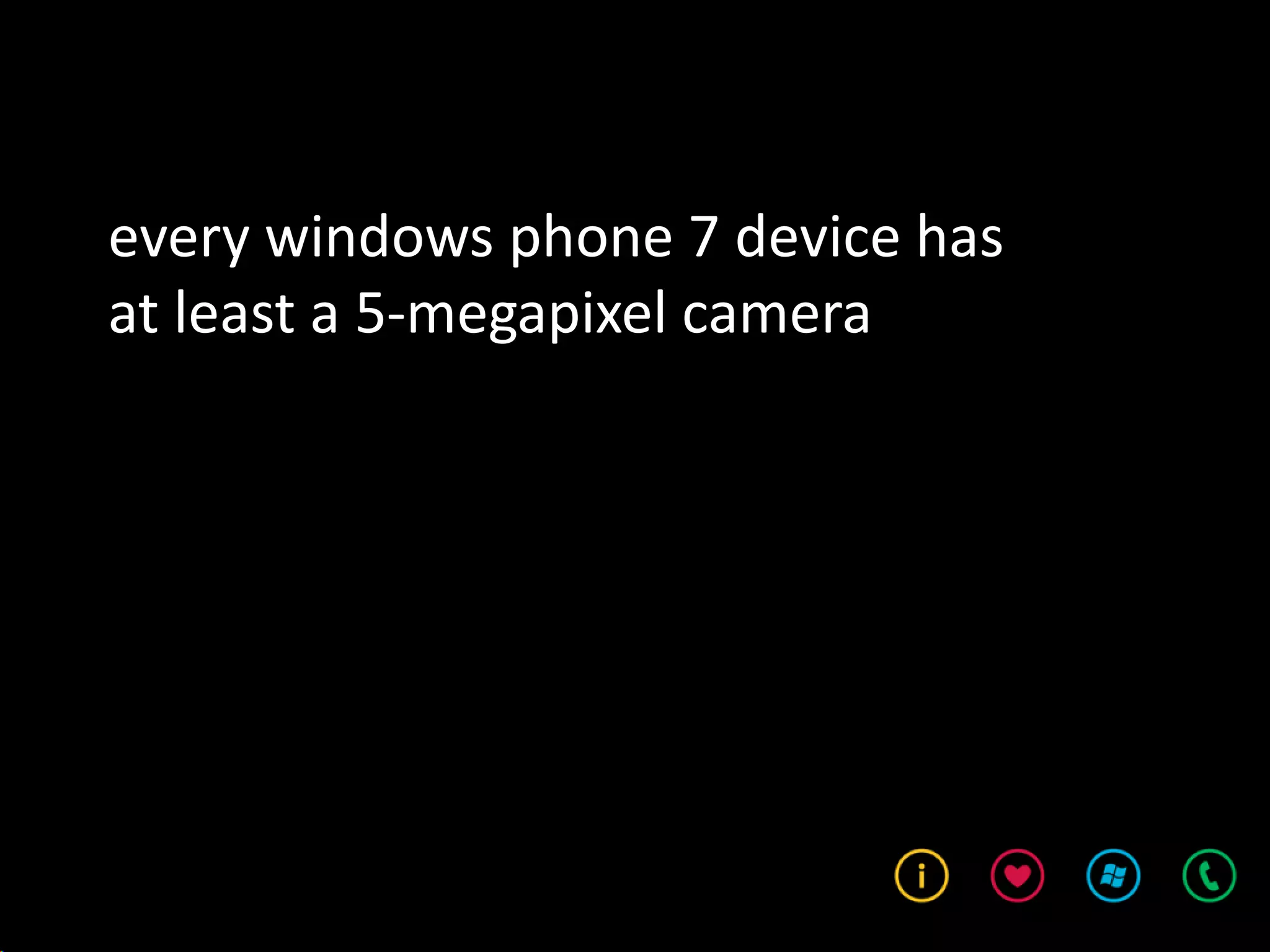 every windows phone 7 device has
at least a 5-megapixel camera
 