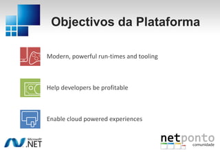 Objectivos da Plataforma<br />Modern, powerful run-times and tooling<br />Help developers be profitable<br />Enable cloud ...