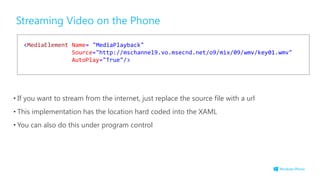 Streaming Video on the Phone
• If you want to stream from the internet, just replace the source file with a url
• This implementation has the location hard coded into the XAML
• You can also do this under program control
<MediaElement Name= "MediaPlayback"
Source="http://mschannel9.vo.msecnd.net/o9/mix/09/wmv/key01.wmv"
AutoPlay="True"/>
 