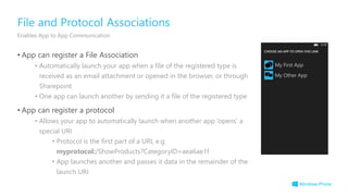 • App can register a File Association
• Automatically launch your app when a file of the registered type is
received as an email attachment or opened in the browser, or through
Sharepoint
• One app can launch another by sending it a file of the registered type
• App can register a protocol
• Allows your app to automatically launch when another app ‘opens’ a
special URI
• Protocol is the first part of a URI, e.g.
myprotocol:/ShowProducts?CategoryID=aea6ae1f
• App launches another and passes it data in the remainder of the
launch URI
File and Protocol Associations
Enables App to App Communication
 