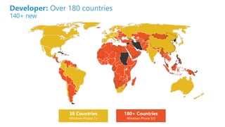 Developer: Over 180 countries
140+ new
38 Countries
Windows Phone 7.x
180+ Countries
Windows Phone 8.0
 