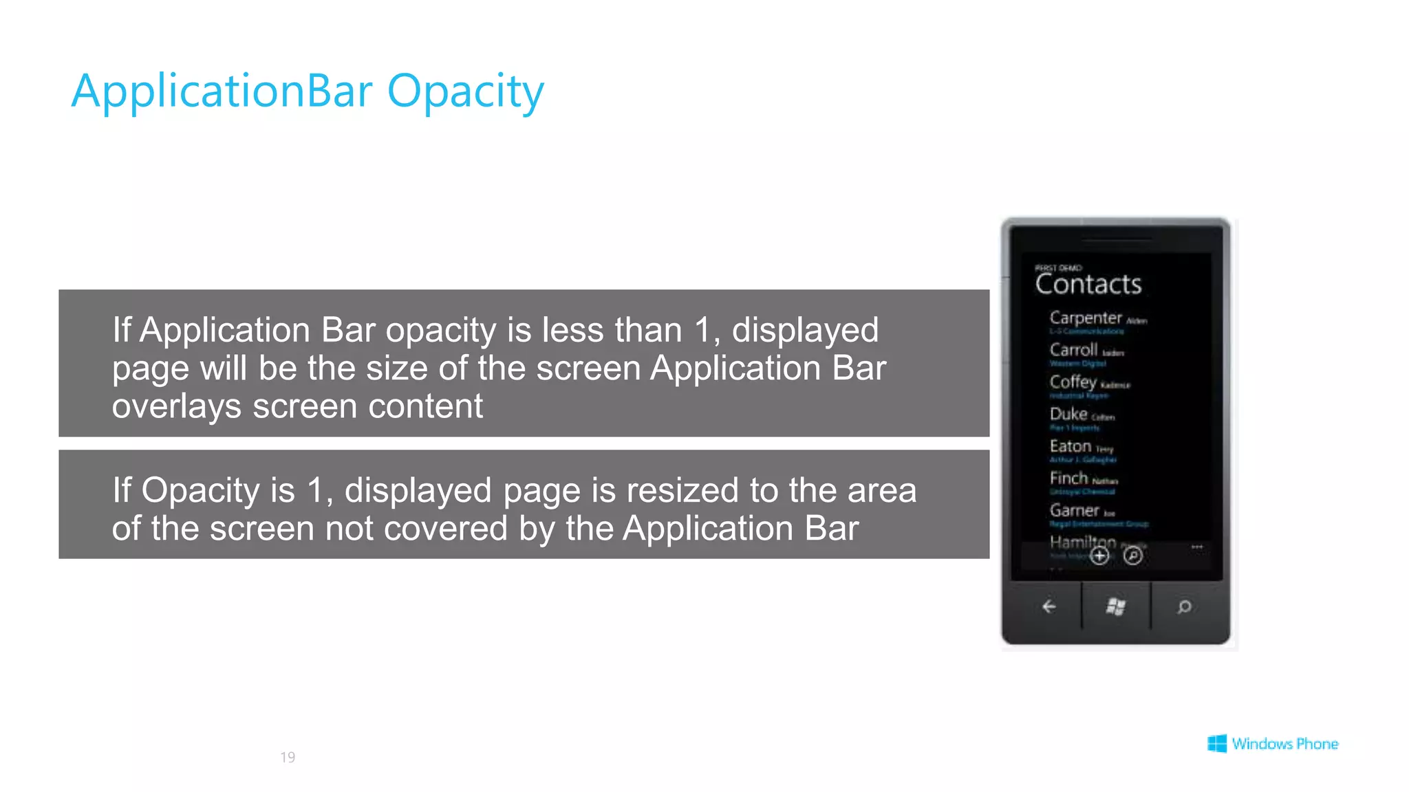 If Application Bar opacity is less than 1, displayed
page will be the size of the screen Application Bar
overlays screen content
If Opacity is 1, displayed page is resized to the area
of the screen not covered by the Application Bar
ApplicationBar Opacity
19
 