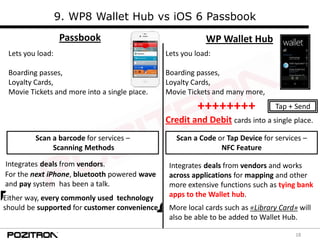 18
9. WP8 Wallet Hub vs iOS 6 Passbook
Passbook WP Wallet Hub
Lets you load:
Boarding passes,
Loyalty Cards,
Movie Tickets...