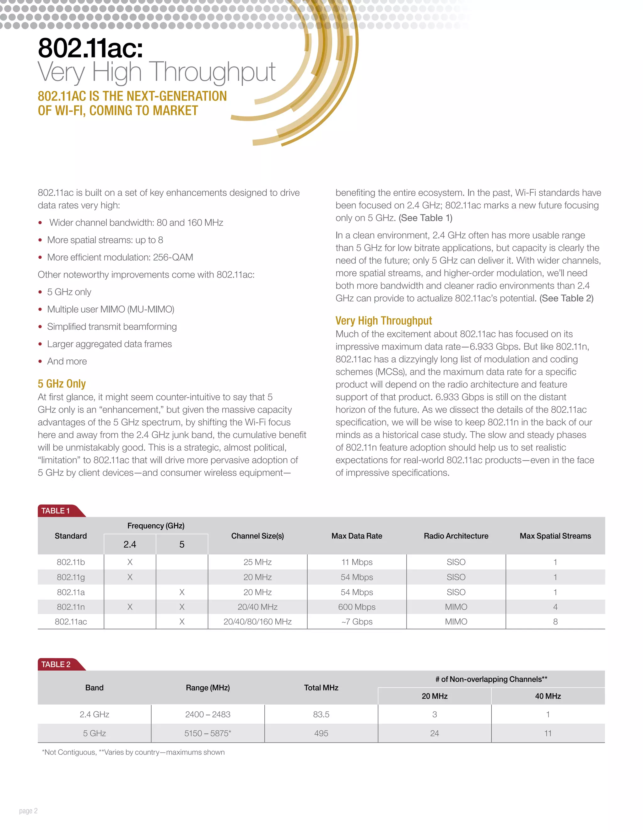802.11ac:
         Very High Throughput
         802.11ac is the next-generation
         of Wi-Fi, coming to market




         802.11ac is built on a set of key enhancements designed to drive                     benefiting the entire ecosystem. In the past, Wi-Fi standards have
         data rates very high:                                                                been focused on 2.4 GHz; 802.11ac marks a new future focusing
                                                                                              only on 5 GHz. (See Table 1)
         •	 Wider channel bandwidth: 80 and 160 MHz
                                                                                              In a clean environment, 2.4 GHz often has more usable range
         •	 More spatial streams: up to 8
                                                                                              than 5 GHz for low bitrate applications, but capacity is clearly the
         •	 More efficient modulation: 256-QAM                                                need of the future; only 5 GHz can deliver it. With wider channels,
         Other noteworthy improvements come with 802.11ac:                                    more spatial streams, and higher-order modulation, we’ll need
                                                                                              both more bandwidth and cleaner radio environments than 2.4
         •	 5 GHz only
                                                                                              GHz can provide to actualize 802.11ac’s potential. (See Table 2)
         •	 Multiple user MIMO (MU-MIMO)
         •	 Simplified transmit beamforming
                                                                                              Very High Throughput
                                                                                              Much of the excitement about 802.11ac has focused on its
         •	 Larger aggregated data frames                                                     impressive maximum data rate—6.933 Gbps. But like 802.11n,
         •	 And more                                                                          802.11ac has a dizzyingly long list of modulation and coding
                                                                                              schemes (MCSs), and the maximum data rate for a specific
         5 GHz Only                                                                           product will depend on the radio architecture and feature
         At first glance, it might seem counter-intuitive to say that 5                       support of that product. 6.933 Gbps is still on the distant
         GHz only is an “enhancement,” but given the massive capacity                         horizon of the future. As we dissect the details of the 802.11ac
         advantages of the 5 GHz spectrum, by shifting the Wi-Fi focus                        specification, we will be wise to keep 802.11n in the back of our
         here and away from the 2.4 GHz junk band, the cumulative benefit                     minds as a historical case study. The slow and steady phases
         will be unmistakably good. This is a strategic, almost political,                    of 802.11n feature adoption should help us to set realistic
         “limitation” to 802.11ac that will drive more pervasive adoption of                  expectations for real-world 802.11ac products—even in the face
         5 GHz by client devices—and consumer wireless equipment—                             of impressive specifications.


         TABLE 1
                                 Frequency (GHz)
             Standard                                             Channel Size(s)            Max Data Rate          Radio Architecture        Max Spatial Streams
                                2.4             5
              802.11b            X                                   25 MHz                     11 Mbps                    SISO                           1
              802.11g            X                                   20 MHz                     54 Mbps                    SISO                           1
              802.11a                           X                    20 MHz                     54 Mbps                    SISO                           1
              802.11n            X              X                  20/40 MHz                  600 Mbps                     MIMO                           4
             802.11ac                           X             20/40/80/160 MHz                  ~7 Gbps                    MIMO                           8




         TABLE 2
                                                                                                                       # of Non-overlapping Channels**
                        Band                        Range (MHz)                     Total MHz
                                                                                                                    20 MHz                        40 MHz

                    2.4 GHz                         2400 – 2483                       83.5                            3                              1

                     5 GHz                          5150 – 5875*                      495                             24                             11

          *Not Contiguous, **Varies by country—maximums shown




page 2
 