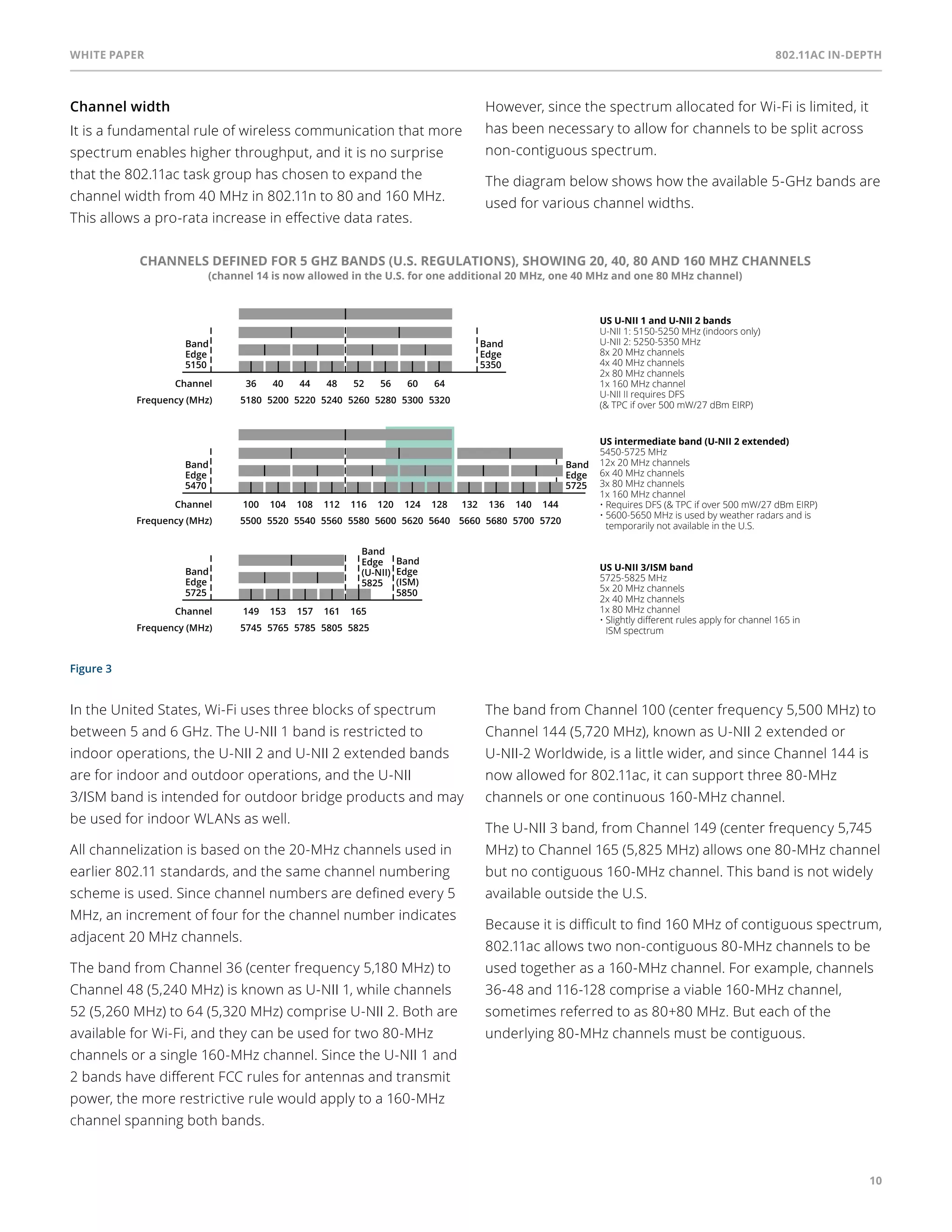 White paper 802.11ac In-Depth 
10 
Channel width 
It is a fundamental rule of wireless communication that more 
spectrum enables higher throughput, and it is no surprise 
that the 802.11ac task group has chosen to expand the 
channel width from 40 MHz in 802.11n to 80 and 160 MHz. 
This allows a pro-rata increase in effective data rates. 
However, since the spectrum allocated for Wi-Fi is limited, it 
has been necessary to allow for channels to be split across 
non-contiguous spectrum. 
The diagram below shows how the available 5-GHz bands are 
used for various channel widths. 
Figure 3 
CHANNELS DEFINED FOR 5 GHZ BANDS (U.S. REGULATIONS), SHOWING 20, 40, 80 AND 160 MHZ CHANNELS 
(channel 14 is now allowed in the U.S. for one additional 20 MHz, one 40 MHz and one 80 MHz channel) 
Band 
Edge 
5150 
Band 
Edge 
5350 
US U-NII 1 and U-NII 2 bands 
U-NII 1: 5150-5250 MHz (indoors only) 
U-NII 2: 5250-5350 MHz 
8x 20 MHz channels 
4x 40 MHz channels 
2x 80 MHz channels 
1x 160 MHz channel 
U-NII II requires DFS 
(& TPC if over 500 mW/27 dBm EIRP) 
36 
5180 
Channel 
Frequency (MHz) 
40 
5200 
44 
5220 
48 
5240 
52 
5260 
56 
5280 
60 
5300 
64 
5320 
Band 
Edge 
5725 
Band 
Edge 
(ISM) 
5850 
Band 
Edge 
(U-NII) 
5825 
149 
5745 
Channel 
Frequency (MHz) 
153 
5765 
157 
5785 
161 
5805 
Band 
Edge 
5470 
Band 
Edge 
5725 
US intermediate band (U-NII 2 extended) 
5450-5725 MHz 
12x 20 MHz channels 
6x 40 MHz channels 
3x 80 MHz channels 
1x 160 MHz channel 
• Requires DFS (& TPC if over 500 mW/27 dBm EIRP) 
• 5600-5650 MHz is used by weather radars and is 
temporarily not available in the U.S. 
100 
5500 
Channel 
Frequency (MHz) 
US U-NII 3/ISM band 
5725-5825 MHz 
5x 20 MHz channels 
2x 40 MHz channels 
1x 80 MHz channel 
• Slightly different rules apply for channel 165 in 
ISM spectrum 
104 
5520 
108 
5540 
112 
5560 
116 
5580 
120 
5600 
124 
5620 
128 
5640 
132 
5660 
136 
5680 
140 
5700 
144 
5720 
165 
5825 
In the United States, Wi-Fi uses three blocks of spectrum 
between 5 and 6 GHz. The U-NII 1 band is restricted to 
indoor operations, the U-NII 2 and U-NII 2 extended bands 
are for indoor and outdoor operations, and the U-NII 
3/ISM band is intended for outdoor bridge products and may 
be used for indoor WLANs as well. 
All channelization is based on the 20-MHz channels used in 
earlier 802.11 standards, and the same channel numbering 
scheme is used. Since channel numbers are defined every 5 
MHz, an increment of four for the channel number indicates 
adjacent 20 MHz channels. 
The band from Channel 36 (center frequency 5,180 MHz) to 
Channel 48 (5,240 MHz) is known as U-NII 1, while channels 
52 (5,260 MHz) to 64 (5,320 MHz) comprise U-NII 2. Both are 
available for Wi-Fi, and they can be used for two 80-MHz 
channels or a single 160-MHz channel. Since the U-NII 1 and 
2 bands have different FCC rules for antennas and transmit 
power, the more restrictive rule would apply to a 160-MHz 
channel spanning both bands. 
The band from Channel 100 (center frequency 5,500 MHz) to 
Channel 144 (5,720 MHz), known as U-NII 2 extended or 
U-NII-2 Worldwide, is a little wider, and since Channel 144 is 
now allowed for 802.11ac, it can support three 80-MHz 
channels or one continuous 160-MHz channel. 
The U-NII 3 band, from Channel 149 (center frequency 5,745 
MHz) to Channel 165 (5,825 MHz) allows one 80-MHz channel 
but no contiguous 160-MHz channel. This band is not widely 
available outside the U.S. 
Because it is difficult to find 160 MHz of contiguous spectrum, 
802.11ac allows two non-contiguous 80-MHz channels to be 
used together as a 160-MHz channel. For example, channels 
36-48 and 116-128 comprise a viable 160-MHz channel, 
sometimes referred to as 80+80 MHz. But each of the 
underlying 80-MHz channels must be contiguous. 
 