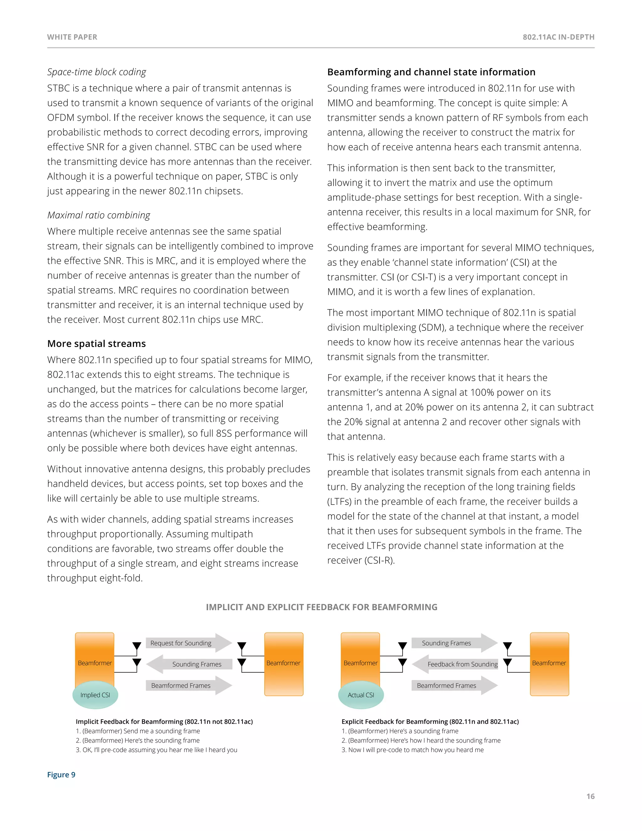 White paper 802.11ac In-Depth 
16 
Space-time block coding 
STBC is a technique where a pair of transmit antennas is 
used to transmit a known sequence of variants of the original 
OFDM symbol. If the receiver knows the sequence, it can use 
probabilistic methods to correct decoding errors, improving 
effective SNR for a given channel. STBC can be used where 
the transmitting device has more antennas than the receiver. 
Although it is a powerful technique on paper, STBC is only 
just appearing in the newer 802.11n chipsets. 
Maximal ratio combining 
Where multiple receive antennas see the same spatial 
stream, their signals can be intelligently combined to improve 
the effective SNR. This is MRC, and it is employed where the 
number of receive antennas is greater than the number of 
spatial streams. MRC requires no coordination between 
transmitter and receiver, it is an internal technique used by 
the receiver. Most current 802.11n chips use MRC. 
More spatial streams 
Where 802.11n specified up to four spatial streams for MIMO, 
802.11ac extends this to eight streams. The technique is 
unchanged, but the matrices for calculations become larger, 
as do the access points – there can be no more spatial 
streams than the number of transmitting or receiving 
antennas (whichever is smaller), so full 8SS performance will 
only be possible where both devices have eight antennas. 
Without innovative antenna designs, this probably precludes 
handheld devices, but access points, set top boxes and the 
like will certainly be able to use multiple streams. 
As with wider channels, adding spatial streams increases 
throughput proportionally. Assuming multipath 
conditions are favorable, two streams offer double the 
throughput of a single stream, and eight streams increase 
throughput eight-fold. 
Beamforming and channel state information 
Sounding frames were introduced in 802.11n for use with 
MIMO and beamforming. The concept is quite simple: A 
transmitter sends a known pattern of RF symbols from each 
antenna, allowing the receiver to construct the matrix for 
how each of receive antenna hears each transmit antenna. 
This information is then sent back to the transmitter, 
allowing it to invert the matrix and use the optimum 
amplitude-phase settings for best reception. With a single-antenna 
receiver, this results in a local maximum for SNR, for 
effective beamforming. 
Sounding frames are important for several MIMO techniques, 
as they enable ‘channel state information’ (CSI) at the 
transmitter. CSI (or CSI-T) is a very important concept in 
MIMO, and it is worth a few lines of explanation. 
The most important MIMO technique of 802.11n is spatial 
division multiplexing (SDM), a technique where the receiver 
needs to know how its receive antennas hear the various 
transmit signals from the transmitter. 
For example, if the receiver knows that it hears the 
transmitter’s antenna A signal at 100% power on its 
antenna 1, and at 20% power on its antenna 2, it can subtract 
the 20% signal at antenna 2 and recover other signals with 
that antenna. 
This is relatively easy because each frame starts with a 
preamble that isolates transmit signals from each antenna in 
turn. By analyzing the reception of the long training fields 
(LTFs) in the preamble of each frame, the receiver builds a 
model for the state of the channel at that instant, a model 
that it then uses for subsequent symbols in the frame. The 
received LTFs provide channel state information at the 
receiver (CSI-R). 
IMPLICIT AND EXPLICIT FEEDBACK FOR BEAMFORMING 
Request for Sounding 
Beamformer Beamformer 
Sounding Frames 
Beamformed Frames 
Implied CSI 
Implicit Feedback for Beamforming (802.11n not 802.11ac) 
1. (Beamformer) Send me a sounding frame 
2. (Beamformee) Here’s the sounding frame 
3. OK, I’ll pre-code assuming you hear me like I heard you 
Sounding Frames 
Beamformer Beamformer 
Feedback from Sounding 
Beamformed Frames 
Actual CSI 
Explicit Feedback for Beamforming (802.11n and 802.11ac) 
1. (Beamformer) Here’s a sounding frame 
2. (Beamformee) Here’s how I heard the sounding frame 
3. Now I will pre-code to match how you heard me 
Figure 9 
 