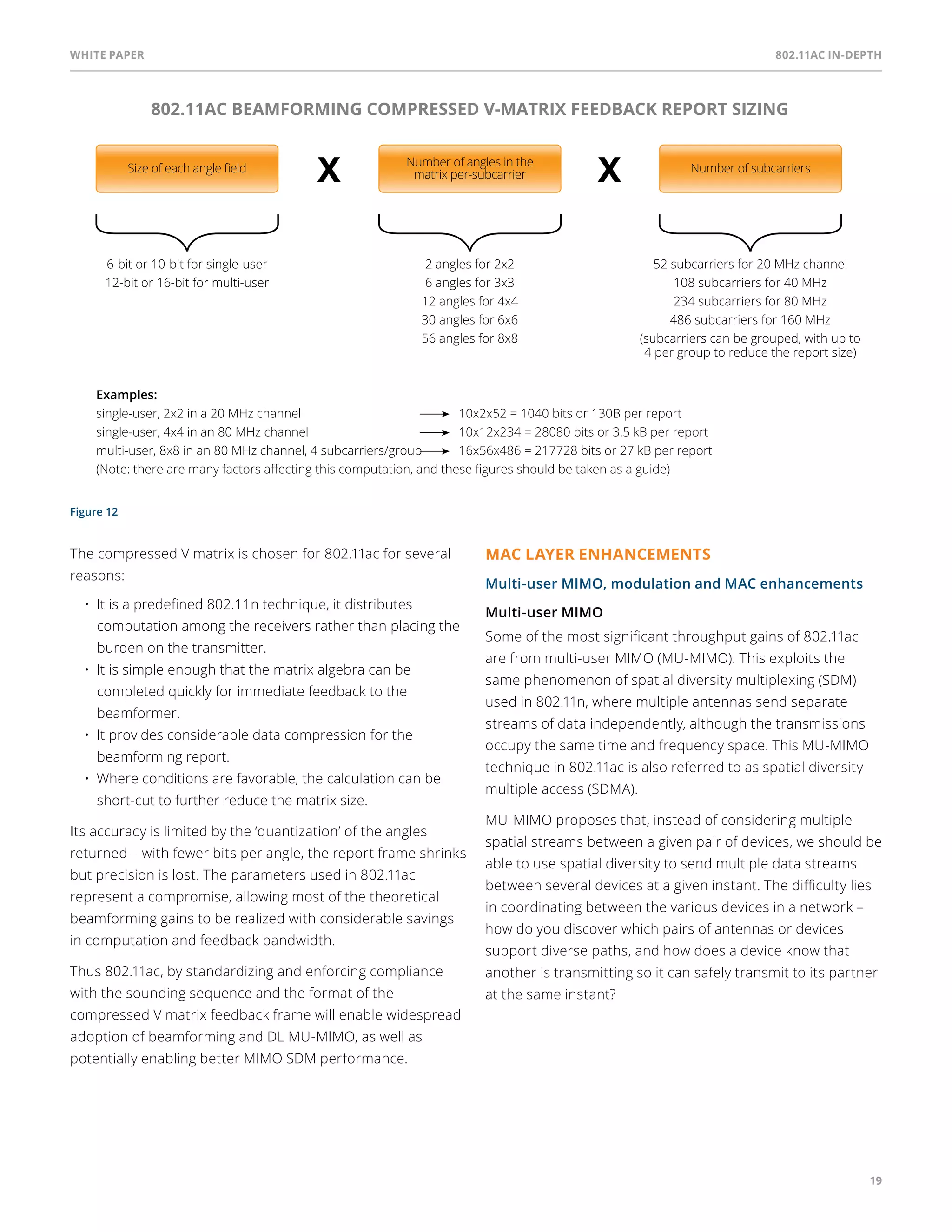 White paper 802.11ac In-Depth 
19 
Figure 12 
802.11AC BEAMFORMING COMPRESSED V-MATRIX FEEDBACK REPORT SIZING 
Size of each angle field Number of angles in the Number of subcarriers 
Examples: 
single-user, 2x2 in a 20 MHz channel 
single-user, 4x4 in an 80 MHz channel 
multi-user, 8x8 in an 80 MHz channel, 4 subcarriers/group 
(Note: there are many factors affecting this computation, and these figures should be taken as a guide) 
10x2x52 = 1040 bits or 130B per report 
10x12x234 = 28080 bits or 3.5 kB per report 
16x56x486 = 217728 bits or 27 kB per report 
6-bit or 10-bit for single-user 
12-bit or 16-bit for multi-user 
X matrix per-subcarrier X 
2 angles for 2x2 
6 angles for 3x3 
12 angles for 4x4 
30 angles for 6x6 
56 angles for 8x8 
52 subcarriers for 20 MHz channel 
108 subcarriers for 40 MHz 
234 subcarriers for 80 MHz 
486 subcarriers for 160 MHz 
(subcarriers can be grouped, with up to 
4 per group to reduce the report size) 
The compressed V matrix is chosen for 802.11ac for several 
reasons: 
• It is a predefined 802.11n technique, it distributes 
computation among the receivers rather than placing the 
burden on the transmitter. 
• It is simple enough that the matrix algebra can be 
completed quickly for immediate feedback to the 
beamformer. 
• It provides considerable data compression for the 
beamforming report. 
• Where conditions are favorable, the calculation can be 
short-cut to further reduce the matrix size. 
Its accuracy is limited by the ‘quantization’ of the angles 
returned – with fewer bits per angle, the report frame shrinks 
but precision is lost. The parameters used in 802.11ac 
represent a compromise, allowing most of the theoretical 
beamforming gains to be realized with considerable savings 
in computation and feedback bandwidth. 
Thus 802.11ac, by standardizing and enforcing compliance 
with the sounding sequence and the format of the 
compressed V matrix feedback frame will enable widespread 
adoption of beamforming and DL MU-MIMO, as well as 
potentially enabling better MIMO SDM performance. 
MAC Layer Enhancements 
Multi-user MIMO, modulation and MAC enhancements 
Multi-user MIMO 
Some of the most significant throughput gains of 802.11ac 
are from multi-user MIMO (MU-MIMO). This exploits the 
same phenomenon of spatial diversity multiplexing (SDM) 
used in 802.11n, where multiple antennas send separate 
streams of data independently, although the transmissions 
occupy the same time and frequency space. This MU-MIMO 
technique in 802.11ac is also referred to as spatial diversity 
multiple access (SDMA). 
MU-MIMO proposes that, instead of considering multiple 
spatial streams between a given pair of devices, we should be 
able to use spatial diversity to send multiple data streams 
between several devices at a given instant. The difficulty lies 
in coordinating between the various devices in a network – 
how do you discover which pairs of antennas or devices 
support diverse paths, and how does a device know that 
another is transmitting so it can safely transmit to its partner 
at the same instant? 
 