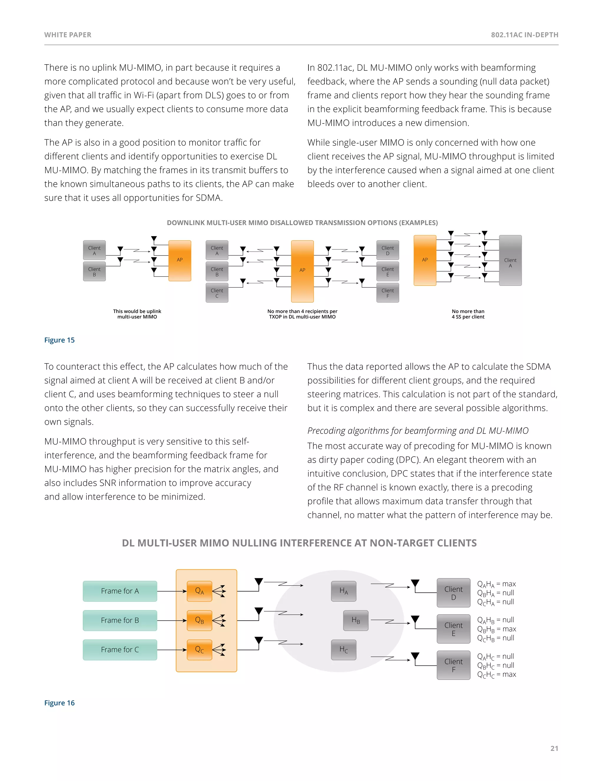 White paper 802.11ac In-Depth 
21 
There is no uplink MU-MIMO, in part because it requires a 
more complicated protocol and because won’t be very useful, 
given that all traffic in Wi-Fi (apart from DLS) goes to or from 
the AP, and we usually expect clients to consume more data 
than they generate. 
The AP is also in a good position to monitor traffic for 
different clients and identify opportunities to exercise DL 
MU-MIMO. By matching the frames in its transmit buffers to 
the known simultaneous paths to its clients, the AP can make 
sure that it uses all opportunities for SDMA. 
Figure 15 
Figure 16 
In 802.11ac, DL MU-MIMO only works with beamforming 
feedback, where the AP sends a sounding (null data packet) 
frame and clients report how they hear the sounding frame 
in the explicit beamforming feedback frame. This is because 
MU-MIMO introduces a new dimension. 
While single-user MIMO is only concerned with how one 
client receives the AP signal, MU-MIMO throughput is limited 
by the interference caused when a signal aimed at one client 
bleeds over to another client. 
DOWNLINK MULTI-USER MIMO DISALLOWED TRANSMISSION OPTIONS (EXAMPLES) 
AP AP Client 
AP 
Client 
D 
Client 
E 
Client 
A 
Client 
B 
Client 
F 
Client 
C 
Client 
A 
Client 
B 
This would be uplink 
multi-user MIMO 
No more than 4 recipients per 
TXOP in DL multi-user MIMO 
A 
No more than 
4 SS per client 
To counteract this effect, the AP calculates how much of the 
signal aimed at client A will be received at client B and/or 
client C, and uses beamforming techniques to steer a null 
onto the other clients, so they can successfully receive their 
own signals. 
MU-MIMO throughput is very sensitive to this self-interference, 
and the beamforming feedback frame for 
MU-MIMO has higher precision for the matrix angles, and 
also includes SNR information to improve accuracy 
and allow interference to be minimized. 
Thus the data reported allows the AP to calculate the SDMA 
possibilities for different client groups, and the required 
steering matrices. This calculation is not part of the standard, 
but it is complex and there are several possible algorithms. 
Precoding algorithms for beamforming and DL MU-MIMO 
The most accurate way of precoding for MU-MIMO is known 
as dirty paper coding (DPC). An elegant theorem with an 
intuitive conclusion, DPC states that if the interference state 
of the RF channel is known exactly, there is a precoding 
profile that allows maximum data transfer through that 
channel, no matter what the pattern of interference may be. 
DL MULTI-USER MIMO NULLING INTERFERENCE AT NON-TARGET CLIENTS 
Client 
D 
QAHA = max 
QBHA = null 
QCHA = null 
QAHB = null 
QBHB = max 
QCHB = null 
QAHC = null 
QBHC = null 
QCHC = max 
Frame for A 
Frame for B 
Frame for C 
QA 
QB 
QC 
HA 
HB 
HC 
Client 
E 
Client 
F 
 