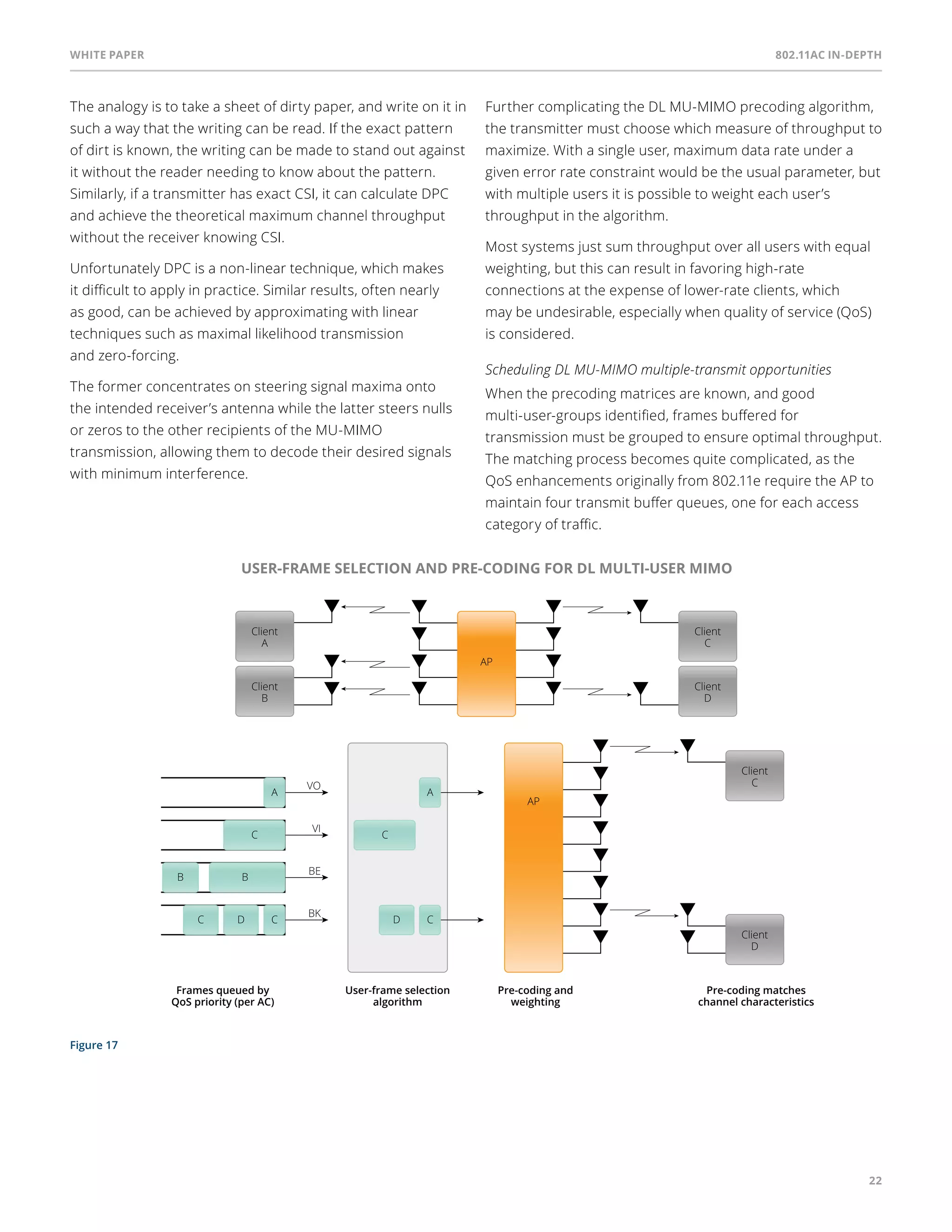 White paper 802.11ac In-Depth 
22 
The analogy is to take a sheet of dirty paper, and write on it in 
such a way that the writing can be read. If the exact pattern 
of dirt is known, the writing can be made to stand out against 
it without the reader needing to know about the pattern. 
Similarly, if a transmitter has exact CSI, it can calculate DPC 
and achieve the theoretical maximum channel throughput 
without the receiver knowing CSI. 
Unfortunately DPC is a non-linear technique, which makes 
it difficult to apply in practice. Similar results, often nearly 
as good, can be achieved by approximating with linear 
techniques such as maximal likelihood transmission 
and zero-forcing. 
The former concentrates on steering signal maxima onto 
the intended receiver’s antenna while the latter steers nulls 
or zeros to the other recipients of the MU-MIMO 
transmission, allowing them to decode their desired signals 
with minimum interference. 
Further complicating the DL MU-MIMO precoding algorithm, 
the transmitter must choose which measure of throughput to 
maximize. With a single user, maximum data rate under a 
given error rate constraint would be the usual parameter, but 
with multiple users it is possible to weight each user’s 
throughput in the algorithm. 
Most systems just sum throughput over all users with equal 
weighting, but this can result in favoring high-rate 
connections at the expense of lower-rate clients, which 
may be undesirable, especially when quality of service (QoS) 
is considered. 
Scheduling DL MU-MIMO multiple-transmit opportunities 
When the precoding matrices are known, and good 
multi-user-groups identified, frames buffered for 
transmission must be grouped to ensure optimal throughput. 
The matching process becomes quite complicated, as the 
QoS enhancements originally from 802.11e require the AP to 
maintain four transmit buffer queues, one for each access 
category of traffic. 
Figure 17 
USER-FRAME SELECTION AND PRE-CODING FOR DL MULTI-USER MIMO 
AP 
Client 
C 
Client 
D 
Client 
A 
Client 
B 
AP 
Client 
C 
C C 
User-frame selection 
algorithm 
Frames queued by 
QoS priority (per AC) 
Pre-coding and 
weighting 
Pre-coding matches 
channel characteristics 
VO 
VI 
BE 
BK 
B B 
A A 
C D C D C 
Client 
D 
 