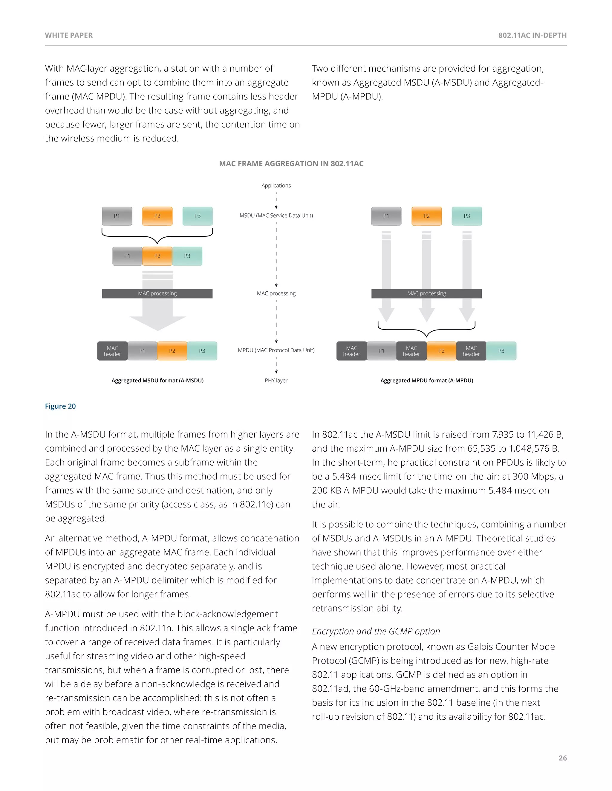 White paper 802.11ac In-Depth 
26 
With MAC-layer aggregation, a station with a number of 
frames to send can opt to combine them into an aggregate 
frame (MAC MPDU). The resulting frame contains less header 
overhead than would be the case without aggregating, and 
because fewer, larger frames are sent, the contention time on 
the wireless medium is reduced. 
Two different mechanisms are provided for aggregation, 
known as Aggregated MSDU (A-MSDU) and Aggregated- 
MPDU (A-MPDU). 
MAC FRAME AGGREGATION IN 802.11AC 
P1 P2 P3 
MAC processing 
MAC 
P1 MAC 
MAC 
header header 
P2 header 
P3 
PHY layer Aggregated MPDU format (A-MPDU) 
P1 P2 P3 
P1 P2 P3 
MAC processing 
MAC P1 P2 
header P3 
Aggregated MSDU format (A-MSDU) 
Applications 
MSDU (MAC Service Data Unit) 
MAC processing 
MPDU (MAC Protocol Data Unit) 
Figure 20 
In the A-MSDU format, multiple frames from higher layers are 
combined and processed by the MAC layer as a single entity. 
Each original frame becomes a subframe within the 
aggregated MAC frame. Thus this method must be used for 
frames with the same source and destination, and only 
MSDUs of the same priority (access class, as in 802.11e) can 
be aggregated. 
An alternative method, A-MPDU format, allows concatenation 
of MPDUs into an aggregate MAC frame. Each individual 
MPDU is encrypted and decrypted separately, and is 
separated by an A-MPDU delimiter which is modified for 
802.11ac to allow for longer frames. 
A-MPDU must be used with the block-acknowledgement 
function introduced in 802.11n. This allows a single ack frame 
to cover a range of received data frames. It is particularly 
useful for streaming video and other high-speed 
transmissions, but when a frame is corrupted or lost, there 
will be a delay before a non-acknowledge is received and 
re-transmission can be accomplished: this is not often a 
problem with broadcast video, where re-transmission is 
often not feasible, given the time constraints of the media, 
but may be problematic for other real-time applications. 
In 802.11ac the A-MSDU limit is raised from 7,935 to 11,426 B, 
and the maximum A-MPDU size from 65,535 to 1,048,576 B. 
In the short-term, he practical constraint on PDUs is likely to 
be a 5.484-msec limit for the time-on-the-air: at 300 Mbps, a 
200 KB A-MPDU would take the maximum 5.484 msec on 
the air. 
It is possible to combine the techniques, combining a number 
of MSDUs and A-MSDUs in an A-MPDU. Theoretical studies 
have shown that this improves performance over either 
technique used alone. However, most practical 
implementations to date concentrate on A-MPDU, which 
performs well in the presence of errors due to its selective 
retransmission ability. 
Encryption and the GCMP option 
A new encryption protocol, known as Galois Counter Mode 
Protocol (GCMP) is being introduced as for new, high-rate 
802.11 applications. GCMP is defined as an option in 
802.11ad, the 60-GHz-band amendment, and this forms the 
basis for its inclusion in the 802.11 baseline (in the next 
roll-up revision of 802.11) and its availability for 802.11ac. 
 
