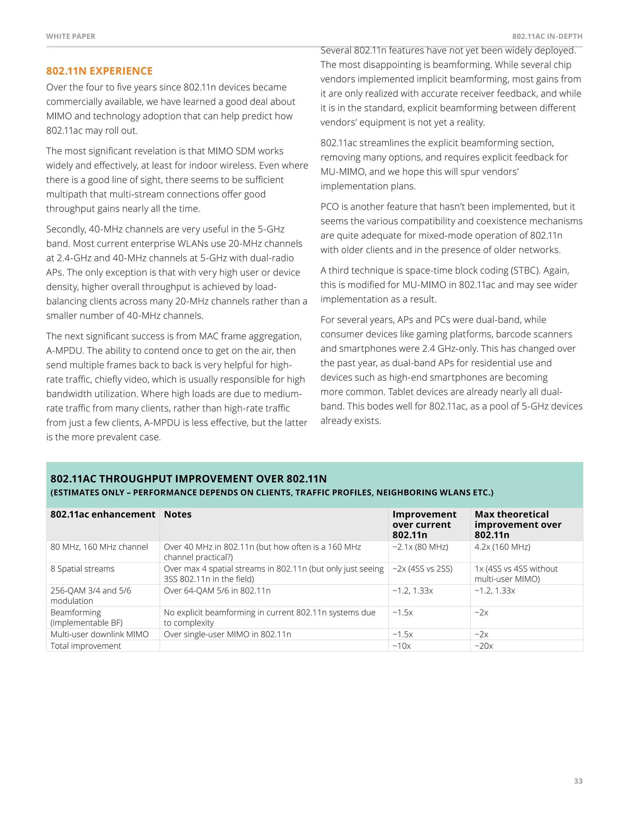 White paper 802.11ac In-Depth 
33 
802.11n experience 
Over the four to five years since 802.11n devices became 
commercially available, we have learned a good deal about 
MIMO and technology adoption that can help predict how 
802.11ac may roll out. 
The most significant revelation is that MIMO SDM works 
widely and effectively, at least for indoor wireless. Even where 
there is a good line of sight, there seems to be sufficient 
multipath that multi-stream connections offer good 
throughput gains nearly all the time. 
Secondly, 40-MHz channels are very useful in the 5-GHz 
band. Most current enterprise WLANs use 20-MHz channels 
at 2.4-GHz and 40-MHz channels at 5-GHz with dual-radio 
APs. The only exception is that with very high user or device 
density, higher overall throughput is achieved by load-balancing 
clients across many 20-MHz channels rather than a 
smaller number of 40-MHz channels. 
The next significant success is from MAC frame aggregation, 
A-MPDU. The ability to contend once to get on the air, then 
send multiple frames back to back is very helpful for high-rate 
traffic, chiefly video, which is usually responsible for high 
bandwidth utilization. Where high loads are due to medium-rate 
traffic from many clients, rather than high-rate traffic 
from just a few clients, A-MPDU is less effective, but the latter 
is the more prevalent case. 
Several 802.11n features have not yet been widely deployed. 
The most disappointing is beamforming. While several chip 
vendors implemented implicit beamforming, most gains from 
it are only realized with accurate receiver feedback, and while 
it is in the standard, explicit beamforming between different 
vendors’ equipment is not yet a reality. 
802.11ac streamlines the explicit beamforming section, 
removing many options, and requires explicit feedback for 
MU-MIMO, and we hope this will spur vendors’ 
implementation plans. 
PCO is another feature that hasn’t been implemented, but it 
seems the various compatibility and coexistence mechanisms 
are quite adequate for mixed-mode operation of 802.11n 
with older clients and in the presence of older networks. 
A third technique is space-time block coding (STBC). Again, 
this is modified for MU-MIMO in 802.11ac and may see wider 
implementation as a result. 
For several years, APs and PCs were dual-band, while 
consumer devices like gaming platforms, barcode scanners 
and smartphones were 2.4 GHz-only. This has changed over 
the past year, as dual-band APs for residential use and 
devices such as high-end smartphones are becoming 
more common. Tablet devices are already nearly all dual-band. 
This bodes well for 802.11ac, as a pool of 5-GHz devices 
already exists. 
802.11ac throughput improvement over 802.11n 
(estimates only – performance depends on clients, traffic profiles, neighboring WLANs etc.) 
802.11ac enhancement Notes Improvement 
over current 
802.11n 
Max theoretical 
improvement over 
802.11n 
80 MHz, 160 MHz channel Over 40 MHz in 802.11n (but how often is a 160 MHz 
channel practical?) 
~2.1x (80 MHz) 4.2x (160 MHz) 
8 Spatial streams Over max 4 spatial streams in 802.11n (but only just seeing 
3SS 802.11n in the field) 
~2x (4S vs 2S) 1x (4S vs 4S without 
multi-user MIMO) 
256-QAM 3/4 and 5/6 
modulation 
Over 64-QAM 5/6 in 802.11n ~1.2, 1.33x ~1.2, 1.33x 
Beamforming 
(implementable BF) 
No explicit beamforming in current 802.11n systems due 
to complexity 
~1.5x ~2x 
Multi-user downlink MIMO Over single-user MIMO in 802.11n ~1.5x ~2x 
Total improvement ~10x ~20x 
 