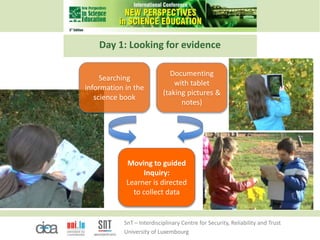 SnT – Interdisciplinary Centre for Security, Reliability and Trust
University of Luxembourg
Day 1: Looking for evidence
Moving to guided
Inquiry:
Learner is directed
to collect data
Searching
information in the
science book
Documenting
with tablet
(taking pictures &
notes)
 