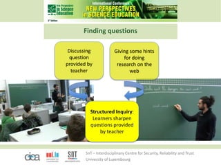 SnT – Interdisciplinary Centre for Security, Reliability and Trust
University of Luxembourg
Discussing
question
provided by
teacher
Giving some hints
for doing
research on the
web
Structured Inquiry:
Learners sharpen
questions provided
by teacher
Finding questions
 